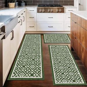 Ileading Kitchen Rugs Sets of 3 Piece Green Non Skid Kitchen Floor Mats Machine Washable Laundry Runner Rug Spring&Summer Easter Decor Low-Profile Carpet for Sink Hallway Livingroom Doormat (20"x32"+20"x48"+20"x59", H Green)
