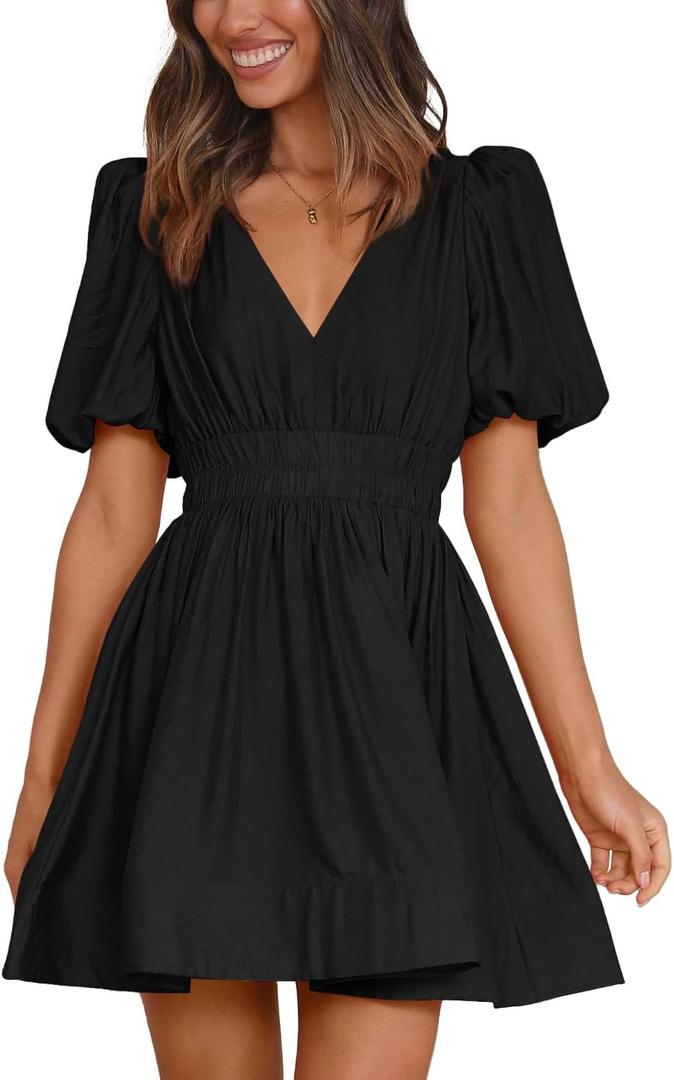 BWQ Women Mini Dress Short Puff Sleeve Sexy V Neck Dress A-line Elastic High Waisted Casual Flowy Summer Dresses, L