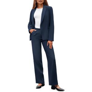 Casly Lamiit Women's 2 Piece Business Casual Outfits Blazer Wide Leg Pants Matching Dressy Formal Suit Sets L Navy Blue