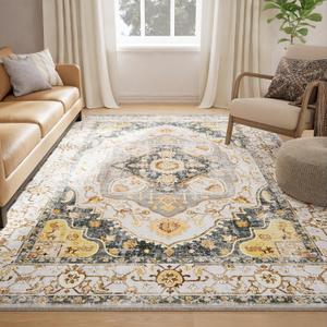 6x9 Area Rug Vintage Machine Washable Low Pile Carpet No Shedding Area Rugs for Living Room Bedroom Dining Room Kitchen Entryway Hallway Office Indoor-Grey/Yellow