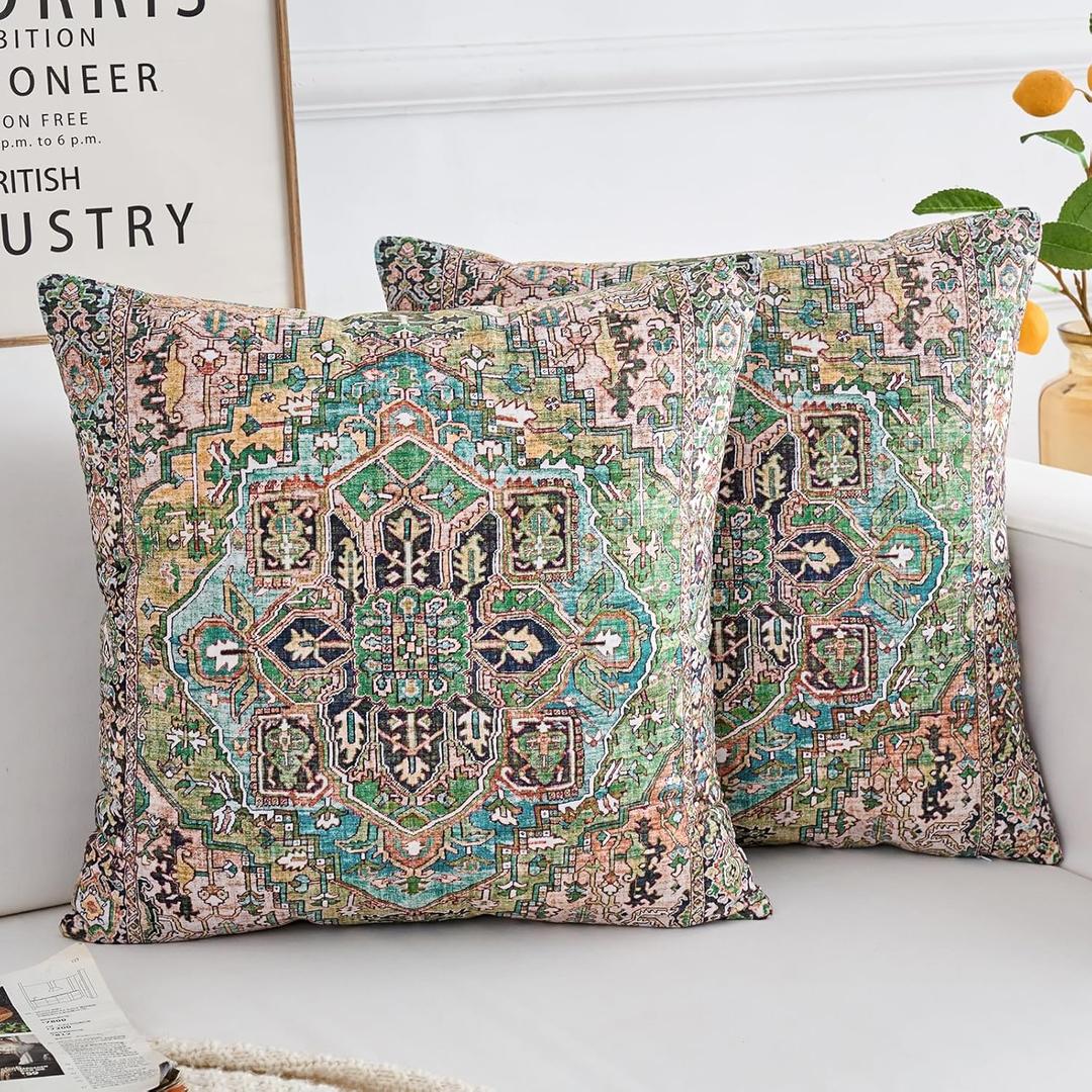 BUAEL Boho Throw Pillow Covers 26x26 inch Set of 2, Boho Vintage Carpet Pattern Antique Ethnic Decor Double Sided Pattern Cushion Cover Soft Pillow Case Living Sofa Room Bed Square Pillow Cover