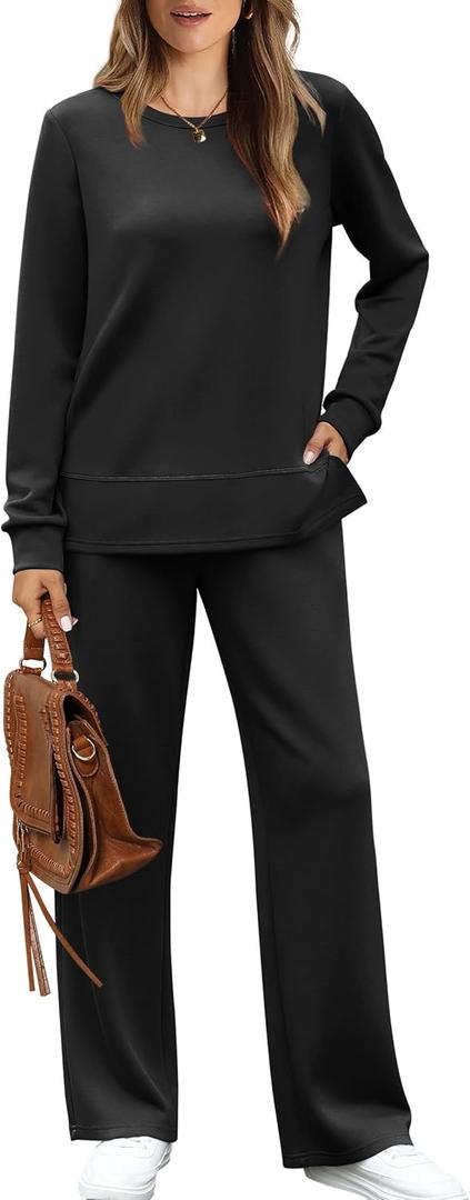 WIHOLL Women's 2 Piece Lounge Sets Sweatshirt Casual Travel Outfits Fashion Wide Leg Tracksuit Cozy Sweatsuits (Medium)