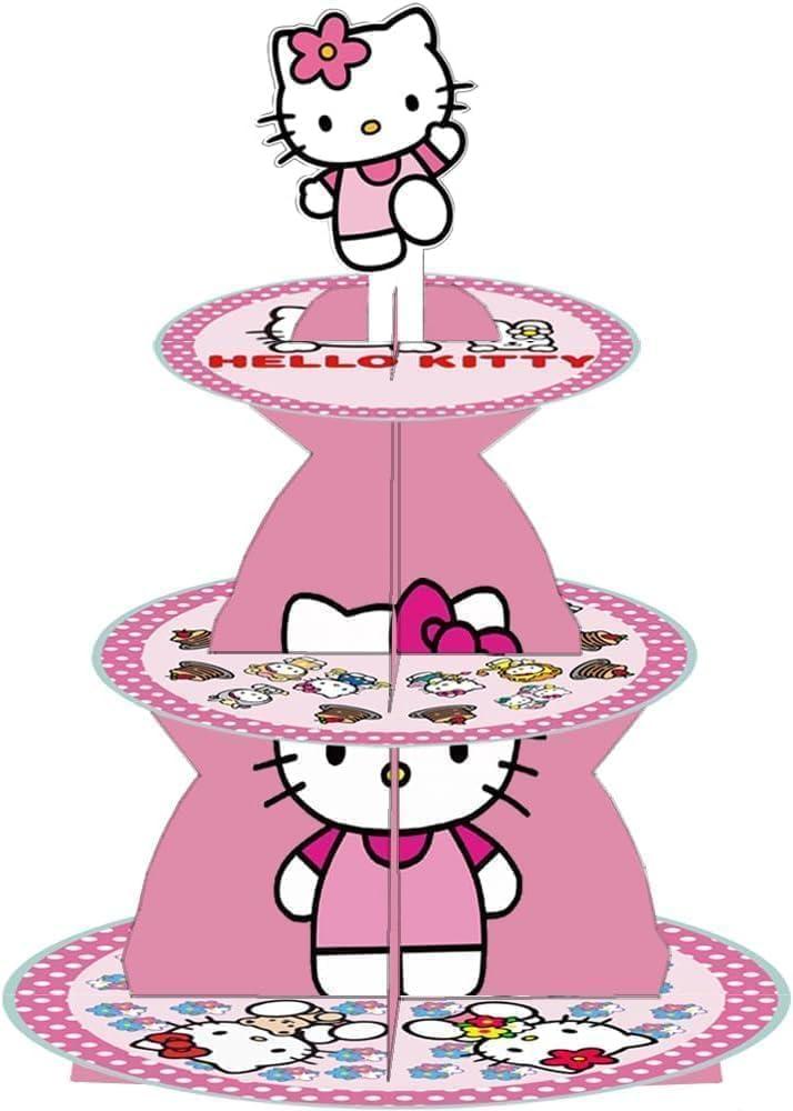 for Kitty Themed Party Supplies and Decorations, a Three-Tiered Cupcake Stand, a Display Stand for Birthday Desserts and Cakes, which is Suitable for Cute-Style Birthday Decorations