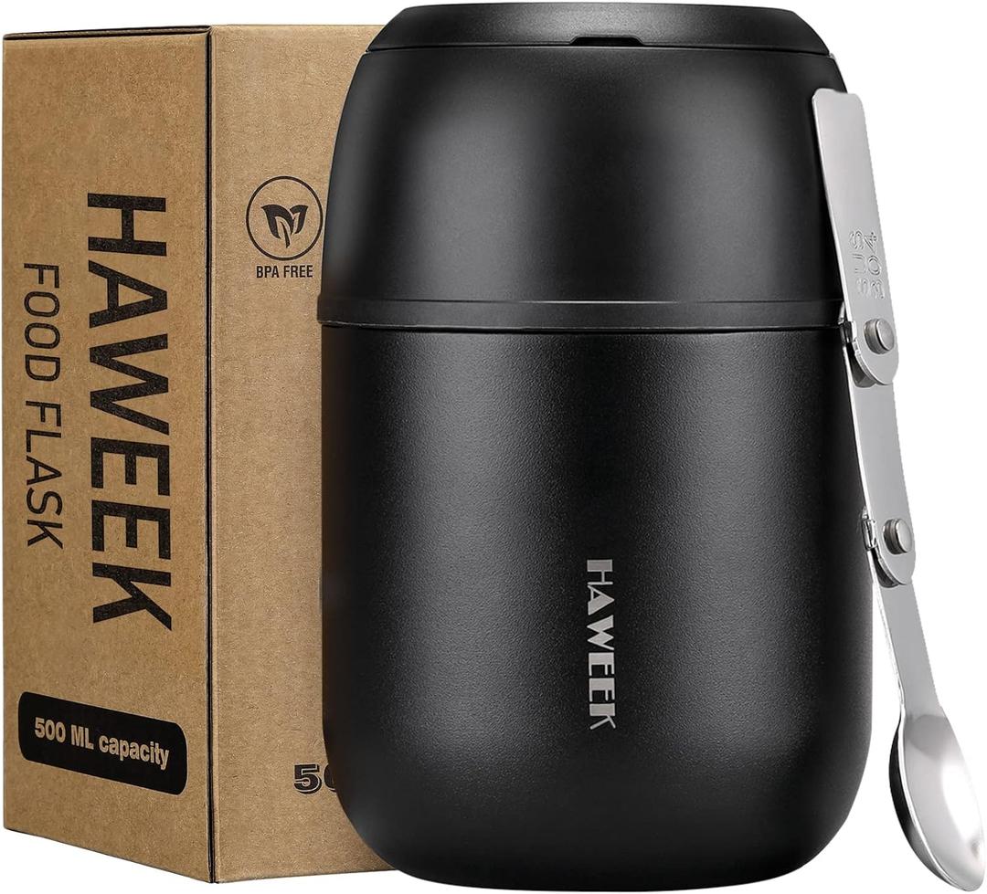 Insulated Food Container 17 oz Soup Thermo for Hot Food Kids Adults, Stainless Steel Vacuum Lunch Box with Folding Spoon, Adult Kids Thermo Portable with Handle for School, Office, Outdoor (Black)