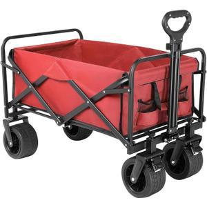 Beach Wagon with Big Wheels for Sand,Collapsible Folding All Terrain Utility Wagons Carts Foldable with Brakes for Sand Camping Sports Outdoor. (Red)