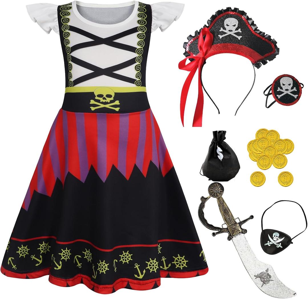 Eledobby Girls Pirate Costume Kids Halloween Dress Up Toddler Pirate Outfits Christmas Birthday Gift (Red) 140