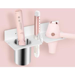 Hair Dryer Holder Wall Mount, Hair Tool Organizer with Heat-Resistant Steel Cups, Acrylic Blow Dryer Holder, Adhesive or Screw Mount for Bathroom Storage (White Shelf)