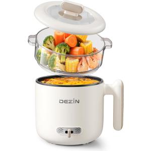 Dezin Electric Pot with Steamer, 1.8L Dual Power Ramen Cooker, Portable Non-Stick Hot Pot Electric for Soup, Pasta, Egg, Oatmeal, Overheat & Boil-Dry Protection, Ideal for Dorm, Office(Beige)