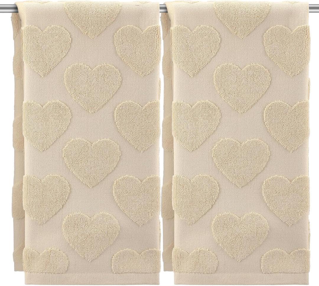 Tudomro 2 Pcs Valentine's Day Heart Hand Towels for Bathroom 100% Cotton Bath Towel Beige Jacquard Soft Absorbent Kitchen Towel Dish Wash Cloth for Kitchen, 13.8 x 29.5 Inch