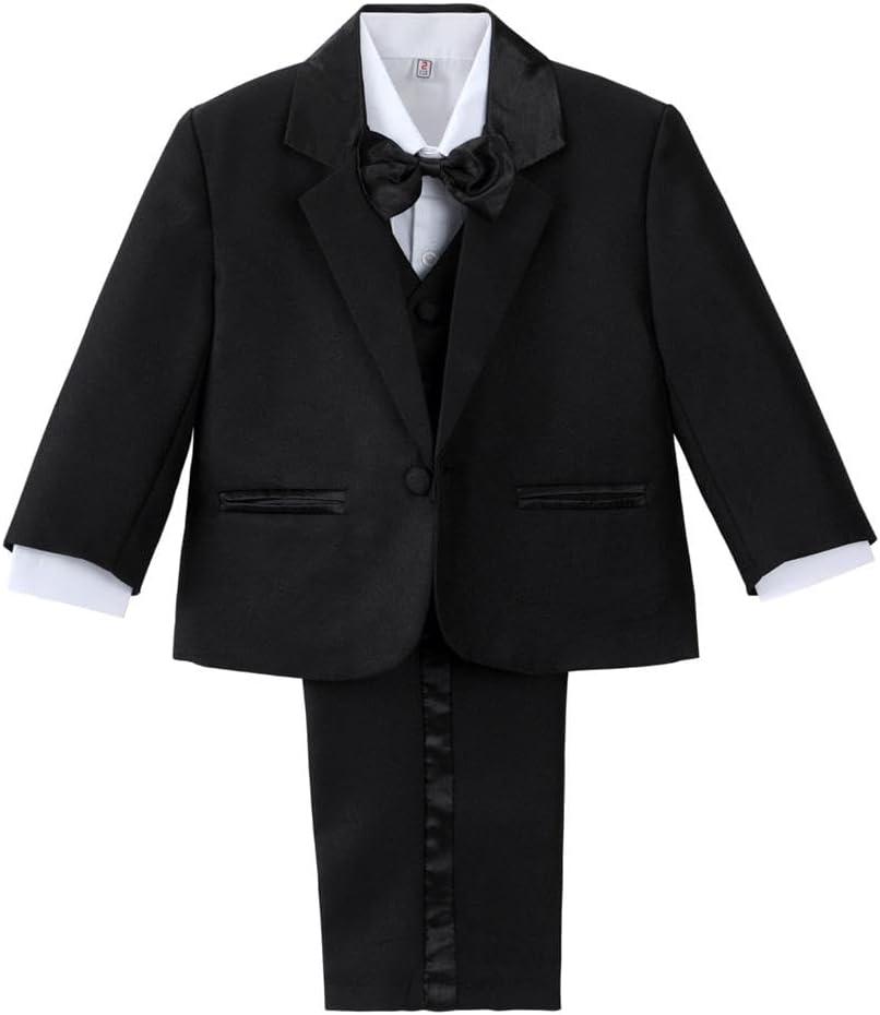 Dressy Daisy Baby Toddler Boy 5 Pcs Set Formal Tuxedo Suits No Tail Wedding Christening Baptism Outfits (12 Months, Black (With Satin))