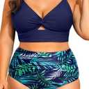 Daci Plus Size Two Piece Swimsuits - Women High Waisted Bikini Tummy Control Bathing Suits Knot Twist Swimwear 2025 (Navy Leaves, 20 Plus)