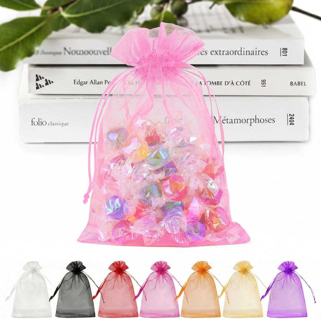 ANZNKU 50PCS Pink Organza Bags 5x7 in, Small Gift Bags Bulk for Jewelry Makeup Sachet Candy, Cute Small Mesh Goodie Bag Drawstring for Wedding Party Favor Baby Shower & Easter Gifts Wrap (1 count (Pack of 50))