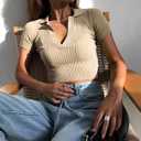 Women Knit Crop Polo Shirts,Summer Short Sleeve Ribbed Collared T-Shirt Solid Fitted V Neck Tops (M)