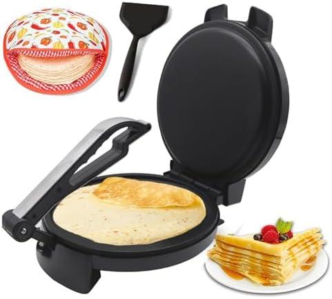 LovHomdecr 10" 1200W Electric Tortilla Press & Chapati Maker - for Roti, Crepes, Grilling | Includes Warming Bag & Spatula (Black)