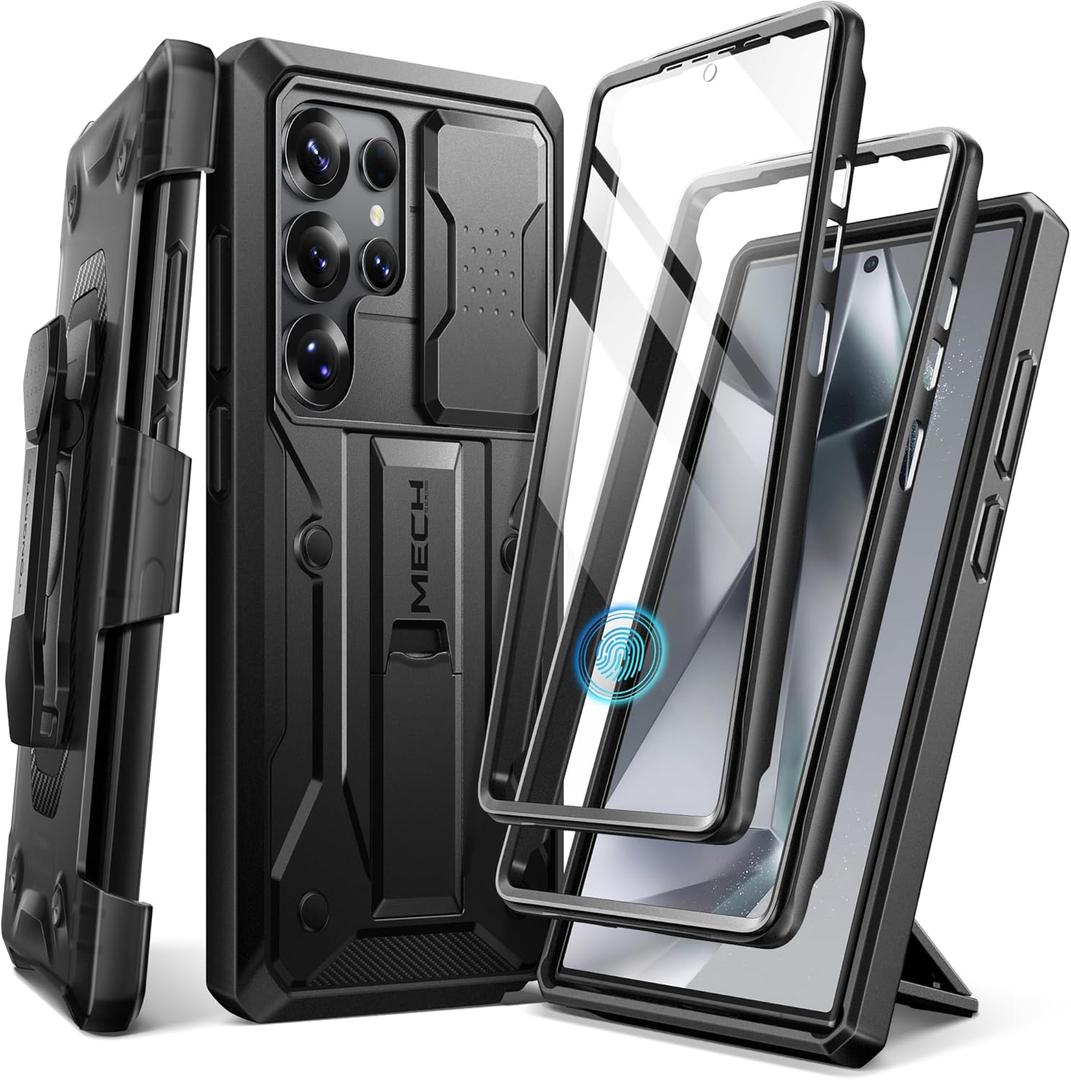 TONGATE for Samsung Galaxy S24 Ultra Case, [Built-in Slide Camera Cover & Screen Protector] [2 Front Frames] Full-Body Heavy Duty Shockproof S24 Ultra Phone Case with Stand & Belt Clip Holster, Black
