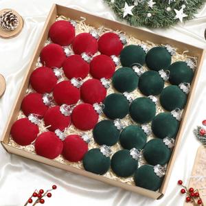 30 pcs Red and Green Flocked Velvet Christmas Tree Ball 2.4inch Christmas Tree Ornaments Shatterproof Plastic Decorative Hanging for Xmas Holiday Family Home Store Indoor Decor