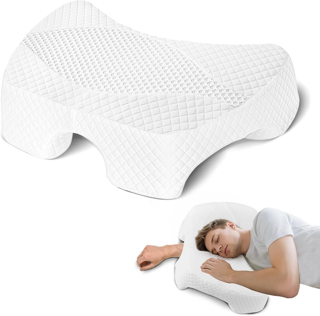 Side Sleeper Pillow with Arm Hole, Upgraded Height Arm Pillow for Larger Frames, Shoulder Relief System, Premium Memory Foam, Suitable for Side, Back and Stomach Sleepers - White (7.1in Height)