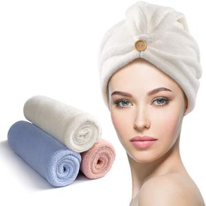 YFONG 3 Pack Microfiber Hair Towel Wrap for Women, Rapid Drying Towels for Hair with Button,Super Absorbent Hair Turbans for Wet Hair Long Thick Curly Hair (Blue, Pink, White)
