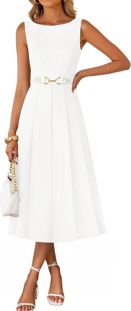 ZESICA Women Summer Sleeveless Midi Dresses 2026 Elegant Boat Neck A Line Tie Waist Spring Cocktail Party Dress Large