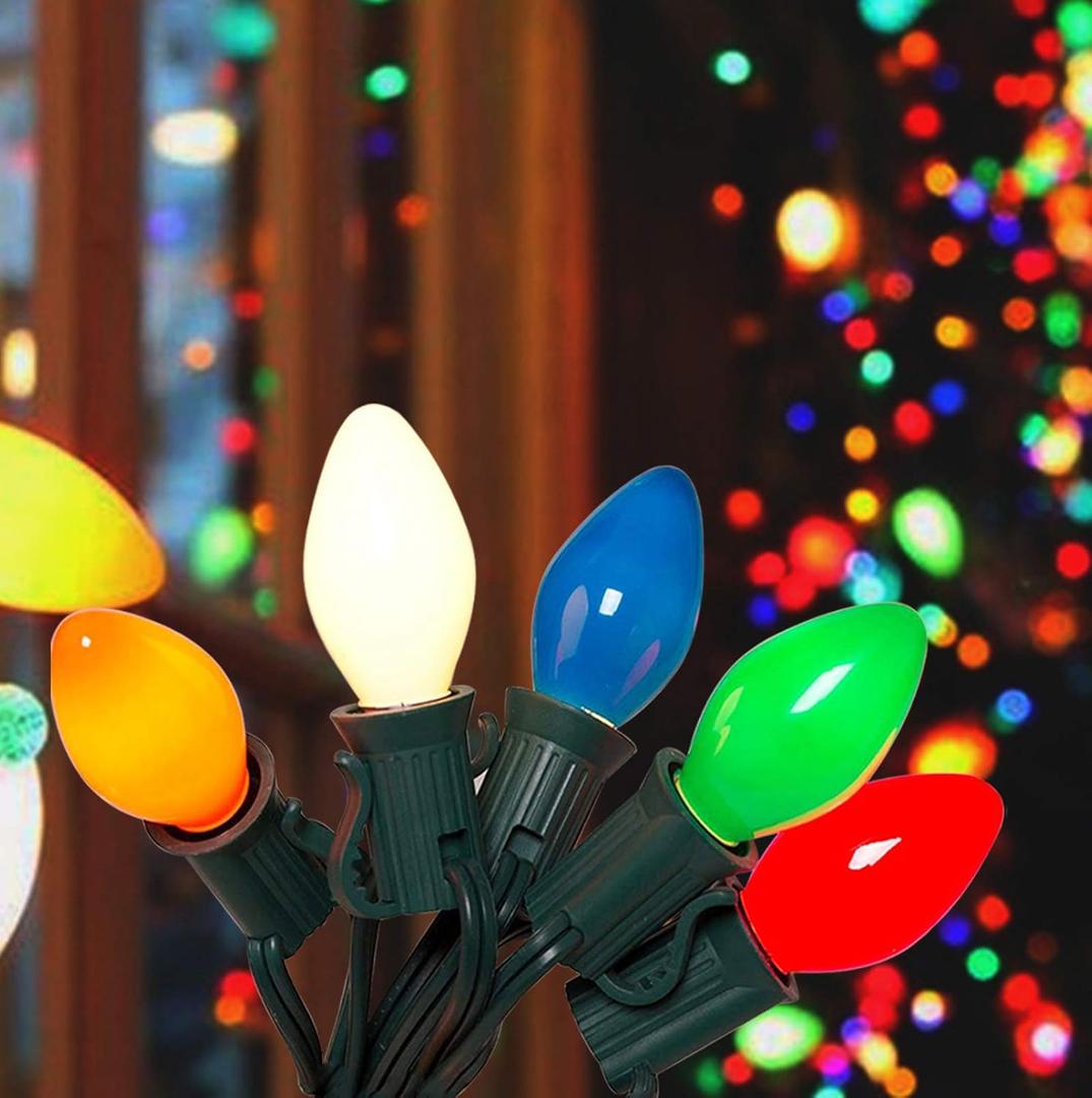 Abeja 25FT Outdoor C7 Multicolor Light, Vintage Christmas String Lights with 27 Multicolor Ceramic Bulbs (2 Spare), Hanging Christmas Lights for Outdoor Xmas Patio Wedding Party Garden Decor