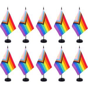 ZXvZYT Pride Rainbow Flag Banner New Intersex Progress Desk Flag Set Small Mini Gay LGBTQ Office Table Stick Flags with 12" Solid Pole Black Stand Base Decorations (12 Pack)
