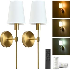Battery Operated Wall Sconce Set of 2, White Fabric Shade Rechargeable Wall Lights with 2 * 4000mAh Magnetic Battery Bulbs, 3CCT Selectable, Dimmable Wireless Sconces for Bedroom Living Room Hallway (Gold-Slanting lampshade, Gold)