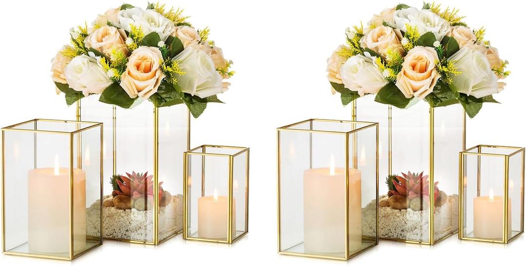 Hewory Glass Hurricane Candle Holder: Gold Hurricane Candle Holders with Metal Frame Square Set of 6, Clear Candle Holder for Table Centerpiece Wedding Christmas Engagement Birthday Party Decorations Hewory Glass Hurricane Candle Holder: Gold Hurricane Candle Holders with Metal Frame Square Set of 6, Clear Candle Holder for Table Centerpiece Wedding Christmas Engagement Birthday Party Decorations
