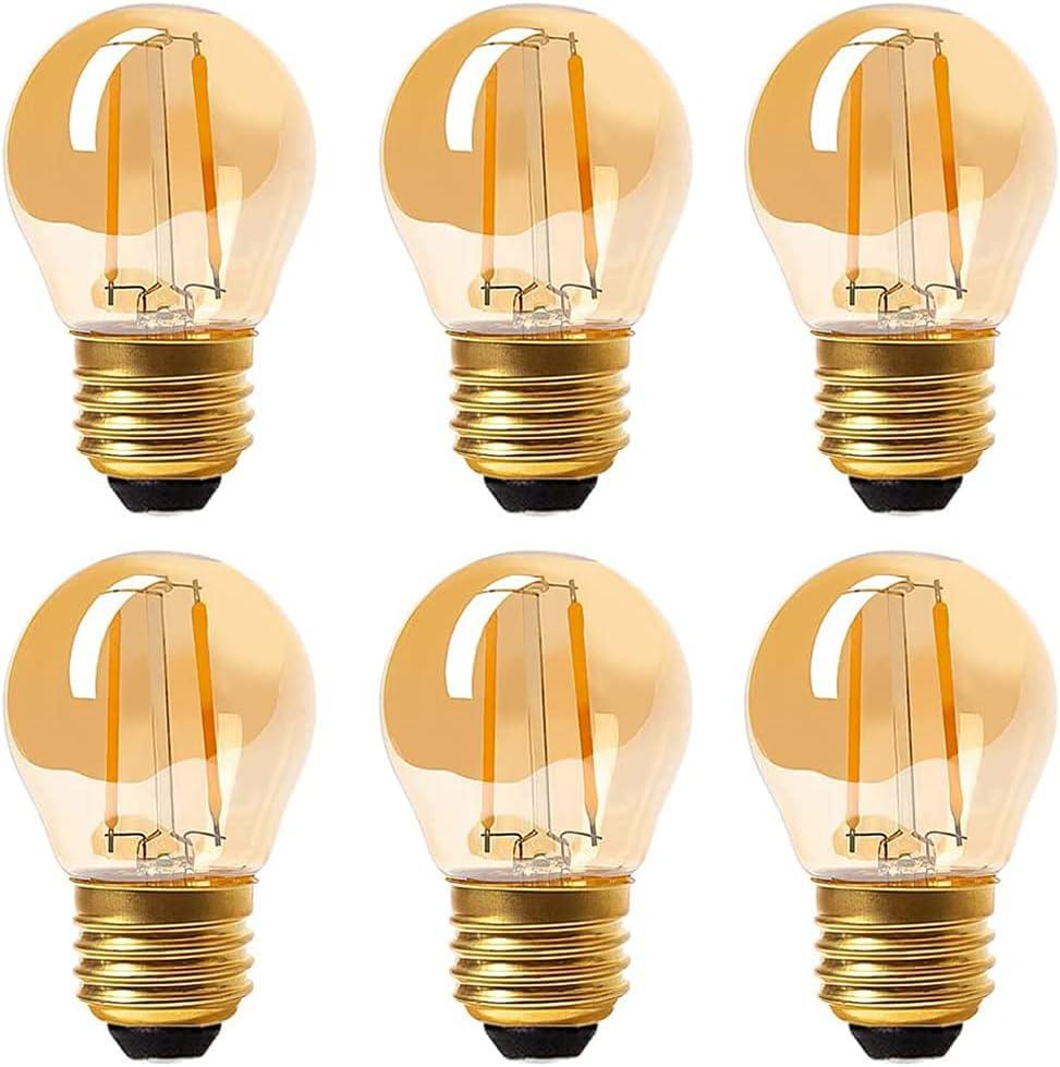 Panledo 2 Watt Vintage Edison LED Bulbs, Globe LED Filament Bulb, 2200K Ultra Warm Light, E26 Medium Base, A15 Amber Glass Antique Gold Tint, 25W Incandescent Replacement, Dimmable, Pack of 6