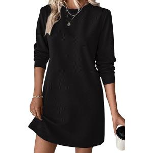 Vrtige Women's Drawstring Waist Long Sleeve Crew Neck A Line Mini Dress with Pocket, S