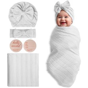 Muslin Blanket,Baby Swaddle Set Newborn - Receiving Headband Blankets and Bow Hat,Newborn Essentials, Soft Nursery Swaddling BlanketsStretchy Baby Blankets for Girls and Boys Unisex(White)