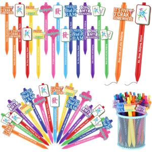 Epakh 48 Pcs Mahjong Ballpoint Pens Gift  Funny Words Mah Jong Accessories New Year Gifts for Men Women Mahjong Chinese Lovers Supplies Party Favors(Multicolor,Larger,Bright)