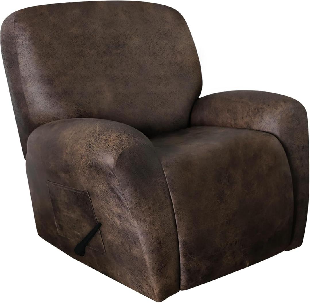 Recliner Chair Covers Leather Like, 4 Pieces Lazy Boy Recliner Cover for Recliner Chair, Soft Sofa Slipcover Furniture Protector Washable Sofa Cover for Pets Kids (X-Large, Dark Brown)