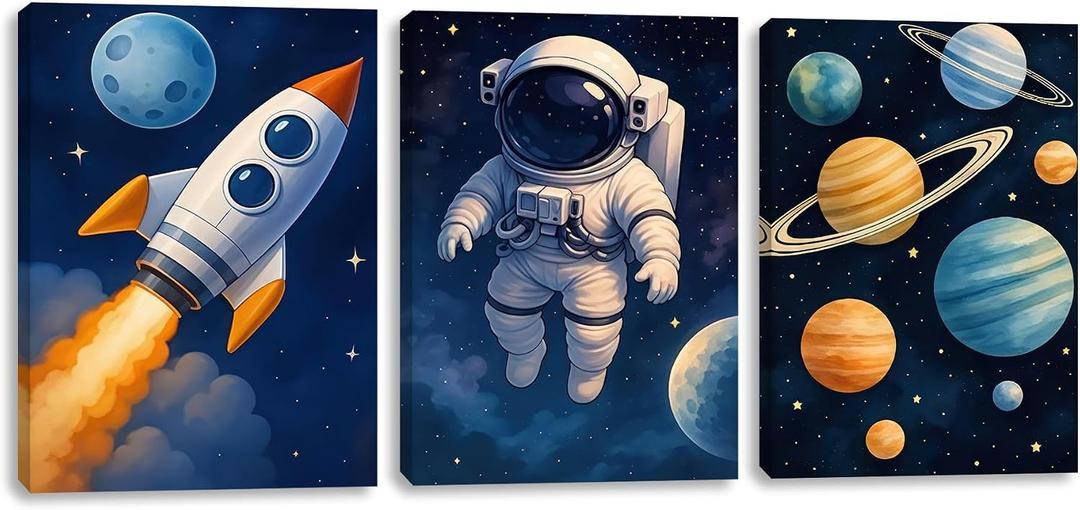 Pormipone Space Wall Art 3 Panel Canvas 16x24 inch Rocket Astronaut Planet, Size: 24"L x 16"W