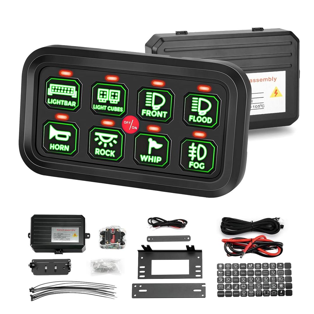 KEMIMOTO 8 Gang Switch Panel Enhanced Sensitivity, LED Touch Control, Electronic Relay System, 12-24V Waterproof Compatible with Cars, UTVs, Trucks, Wrangler and RZR X3 (Green)