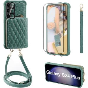MONASAY Crossbody Wallet Case Compatible for Samsung Galaxy S24+ Plus 6.7 inch[Glass Lens and Screen Protector] Zipper Phone Cover with Card Holder and Handbag Shoulder Lanyard Strap, Light Green