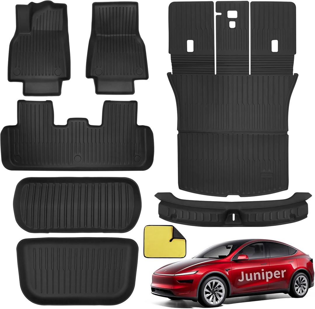 Tesla Model Y Juniper Floor Mats 2026 2025 Full Set All Weather Non-Slip Floor Liner for New Model Y 2025 2026 Cargo Mats and Seat Back Cover Protector-Tesla Model Y Trunk Mat