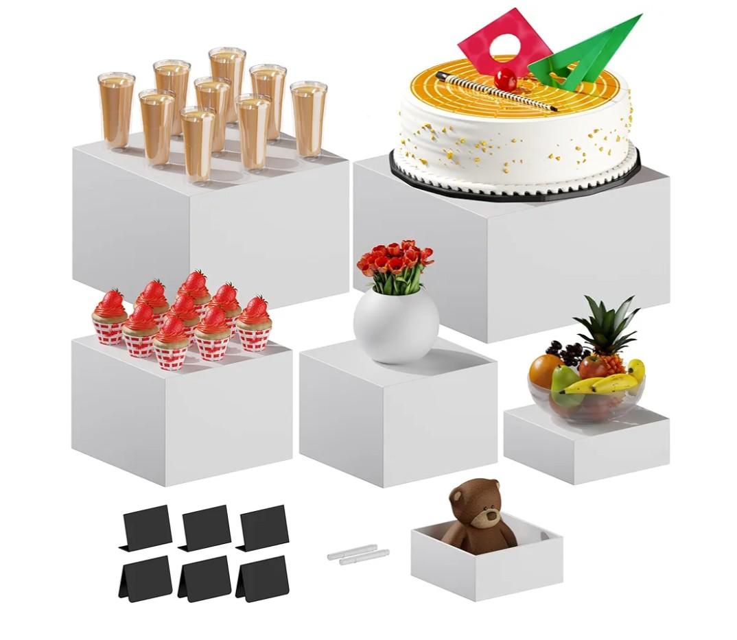 6 PCS 12" to 6.8" White Buffet Risers with Mini Sign and Makers, Large Food Risers for Buffet Table, Display Shelf Stands for Party, Catering, Dessert, Jewelry Collectibles, Nesting Cube Boxes with Hollow Bottoms Set (12",10",9",8",7.5",6.8")