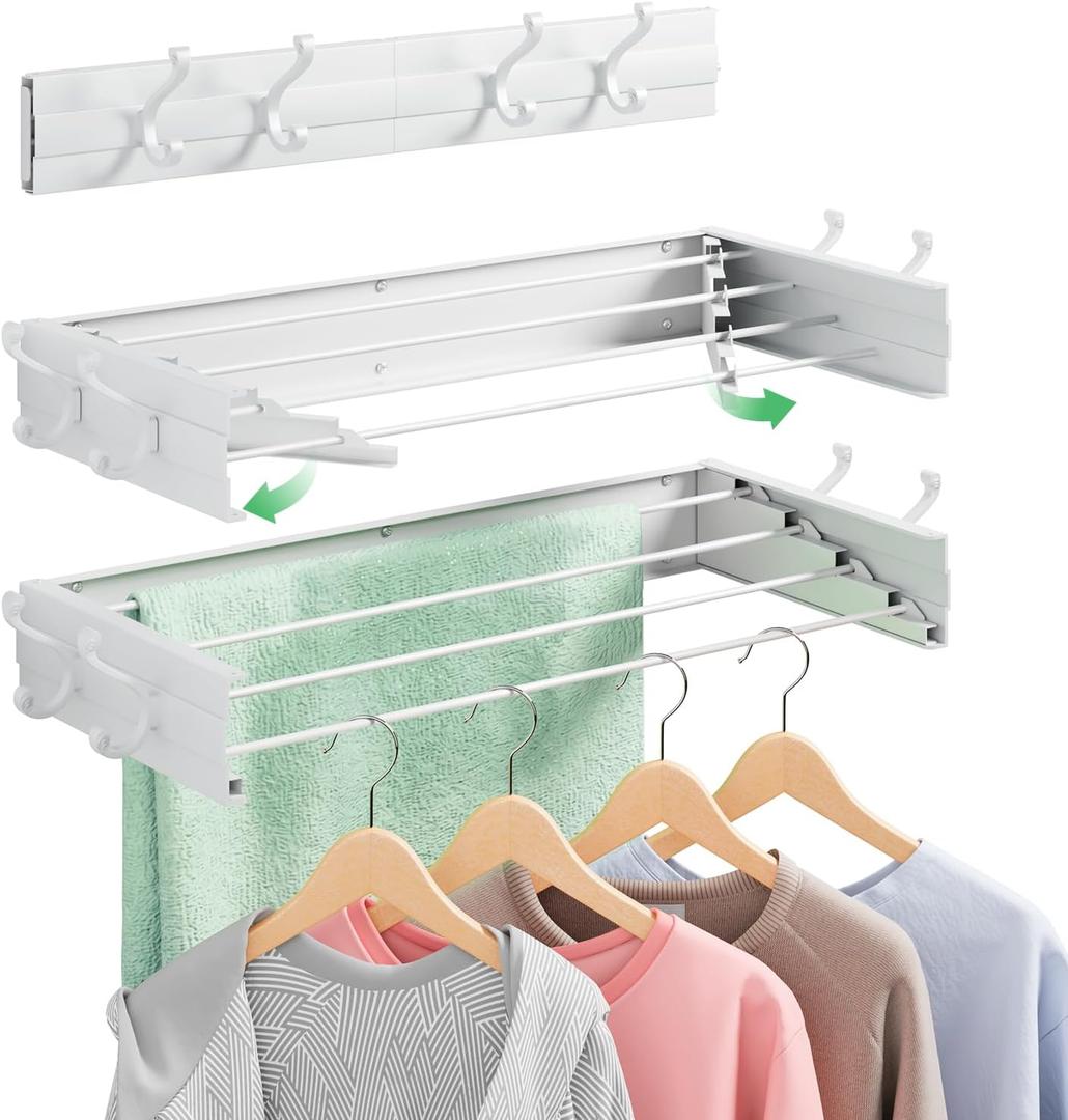 Foldable Wall Mounted Space-Saving Drying Rack, 23.5 In Rustproof Stainless Steel Laundry Hanger with 50 Lbs Heavy Duty Reinforced Rods for Wet Towels & Heavy Clothes, Fits Apartment Bathroom RV,White, 23.6'