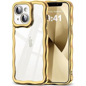 SKYLMW Compatible with iPhone 13 Case, Kawaii Cute Curly Wave Frame Luxury Plating Edge, Stylish Glossy Clear Back, Soft TPU Shockproof Protective Cases for iPhone 13, Gold