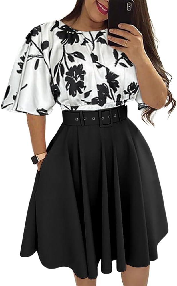 CHICME Women's Summer 2 Piece Outfits Floral Waist Shirred Crop Top and A Line Mini Skirt Set Dressy Casual Outfits (L)