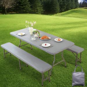 SASTYBALE Picnic Table Cover with Bench Covers, 3-Piece Waterproof Elastic Fitted Vinyl Tablecloth Set with Flannel Backing and Carry Case for 6FT Picnic Tables and Benches, Gray, 72 x 30 Inch