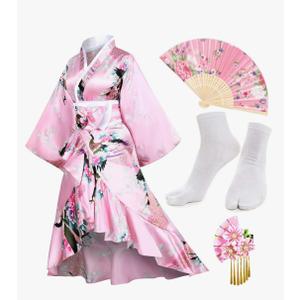 Women's Kimono Robe Geisha Yukata Sweet Tuxedo Ruffle Dress Blossom Satin Bathrobe Sleepwear Fans Tabi Socks Set, Size L