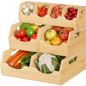 Upgraded 3 Tier Bamboo Pantry Storage Bins - Stackable Potato and Onion Storage Bin, Storage Baskets Airflow Vent Vegetable and Fruit Organizer with Handle, for Kitchen, Livingroom,Bathroom