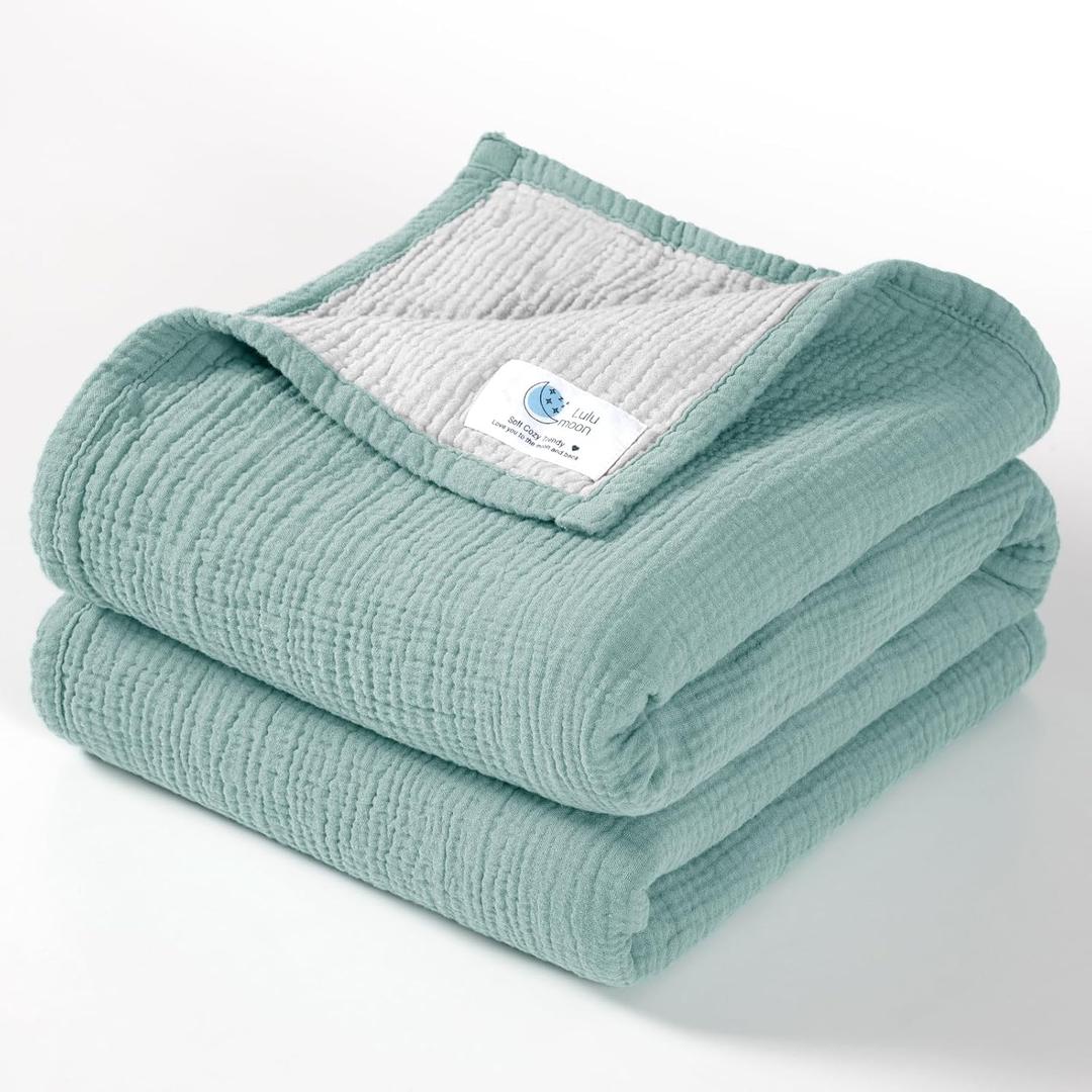 Lulu moon Muslin Baby Blanket - Cotton Quilt Blankets for Toddlers - Reversible Nursery Crib Blanket for Baby Boys and Girls 47"x47" (Sage)