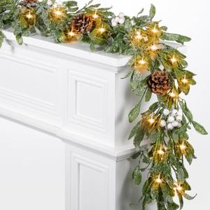 6.5FT Christmas Garland with Lights & Timer, 25 LED Pre-lit Lighted White Berry Garland for Mantle, Battery Operated Greenery Mistletoe Garland with Snow Pinecone for Fireplace Door Stairs Table