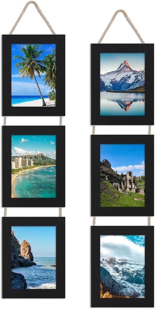 5x7 Collage Picture Frames Set of 2, Rustic Wooden Real Glass Vertical Hanging 3 Opening 5 by 7 Photo Frame, Black