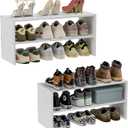 2 Pack White Shoe Rack for Closet, 2-Tier Expandable Small Shoe Shelf, Stackable Iron Wood Combination Shoe Organizer Racks Shelves for Closets, Entryway, Hallway, Garage, Holds 12-24 Pairs