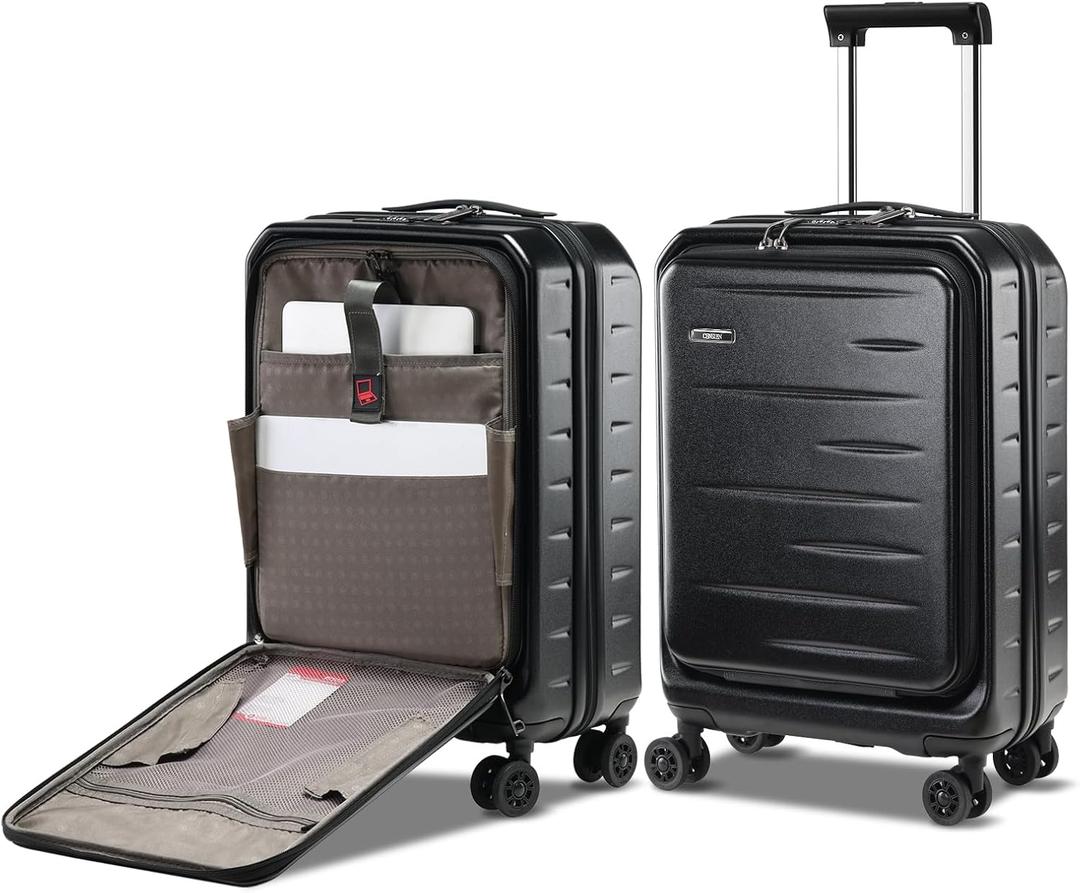 CENSIEN Carry On Luggage 22149 Airline Approved, 20 Inch Lightweight ABS+PC Hard Shell Suitcases with Front Pocket, Spinner Wheels, TSA Lock (Black, 1PC), Carry on - 20 Inch - Front Open