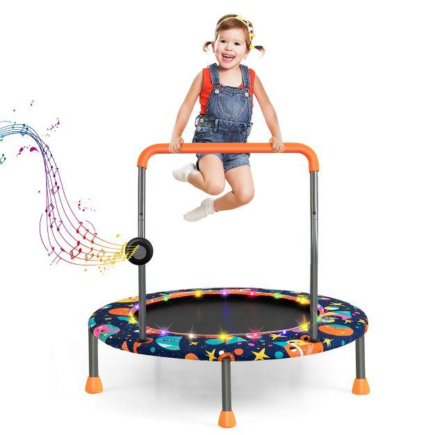 36'' Mini Toddler Trampoline W/LED Bluetooth Speaker Detachable Handle Kids Gifts