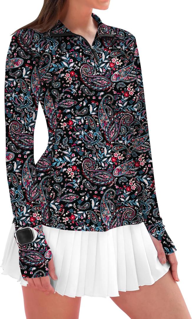 IECCP Womens Long Sleeve Golf Shirts Sun Protection 1/4 Zip Pullover Summer Quick Dry Athletic Hiking Running Workout Tops (Small, Boho Black)